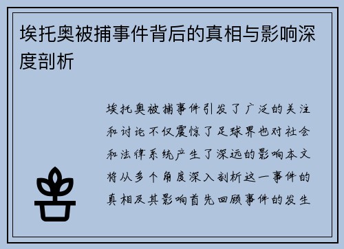 埃托奥被捕事件背后的真相与影响深度剖析