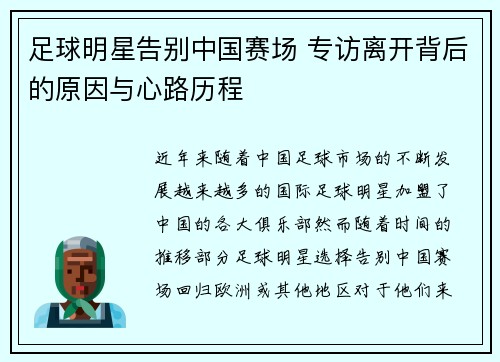 足球明星告别中国赛场 专访离开背后的原因与心路历程